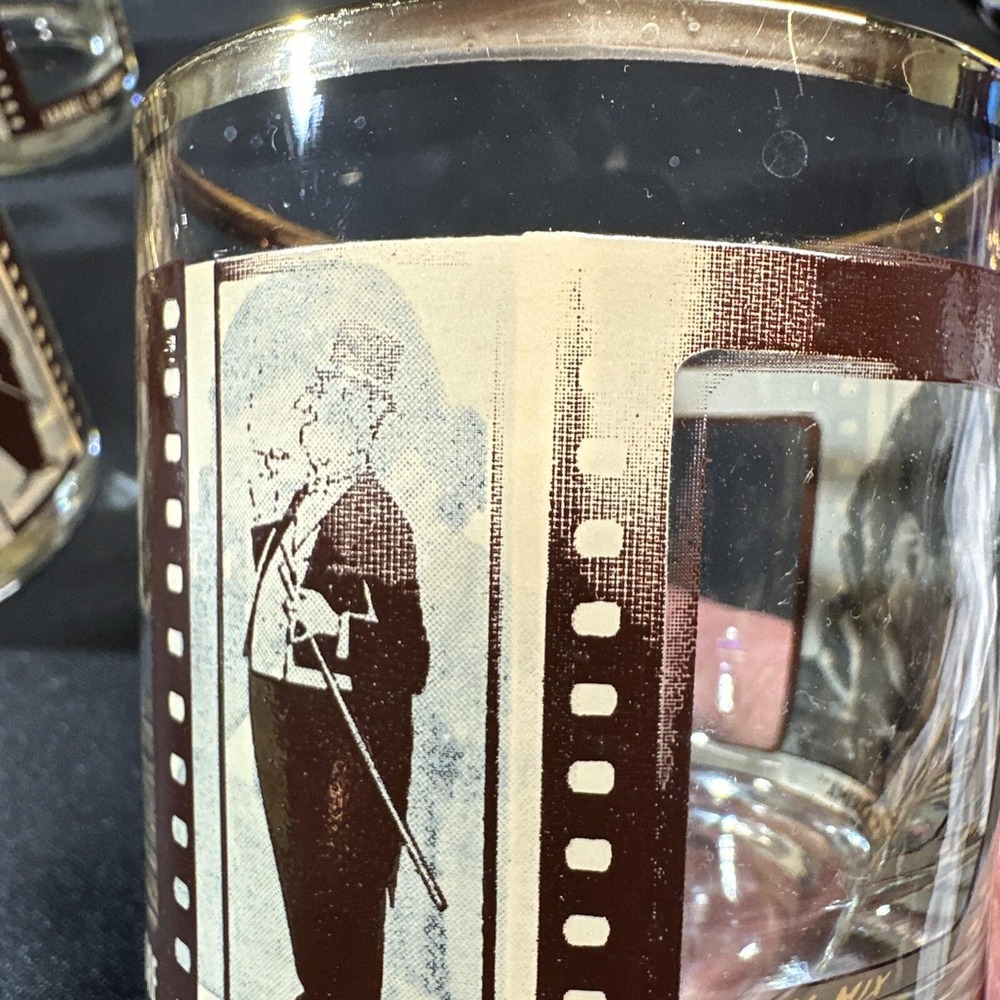 Vintage HouzeArt Silent Movie Stars Rocks Glasses Set 4 Charlie Chaplin 1970s - Picture 15 of 16